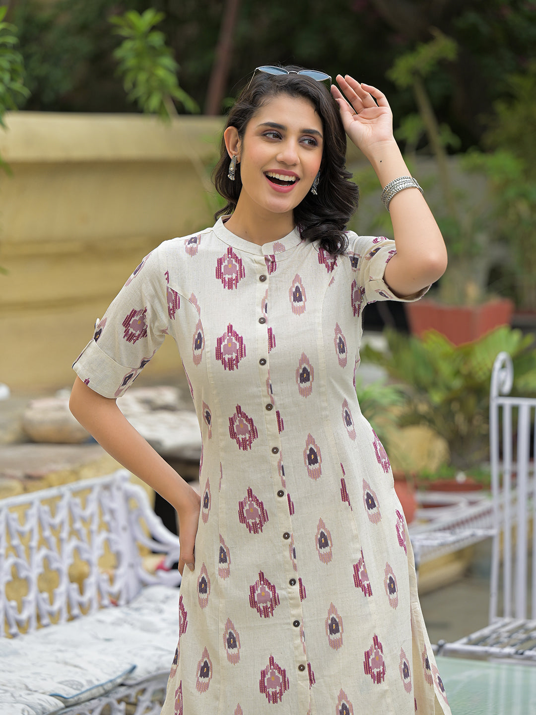 Off White Cotton Printed Kurta Pant Set