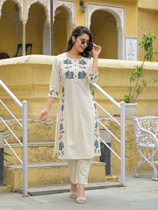 Off White Blue Embroidary Kurta Pant Set
