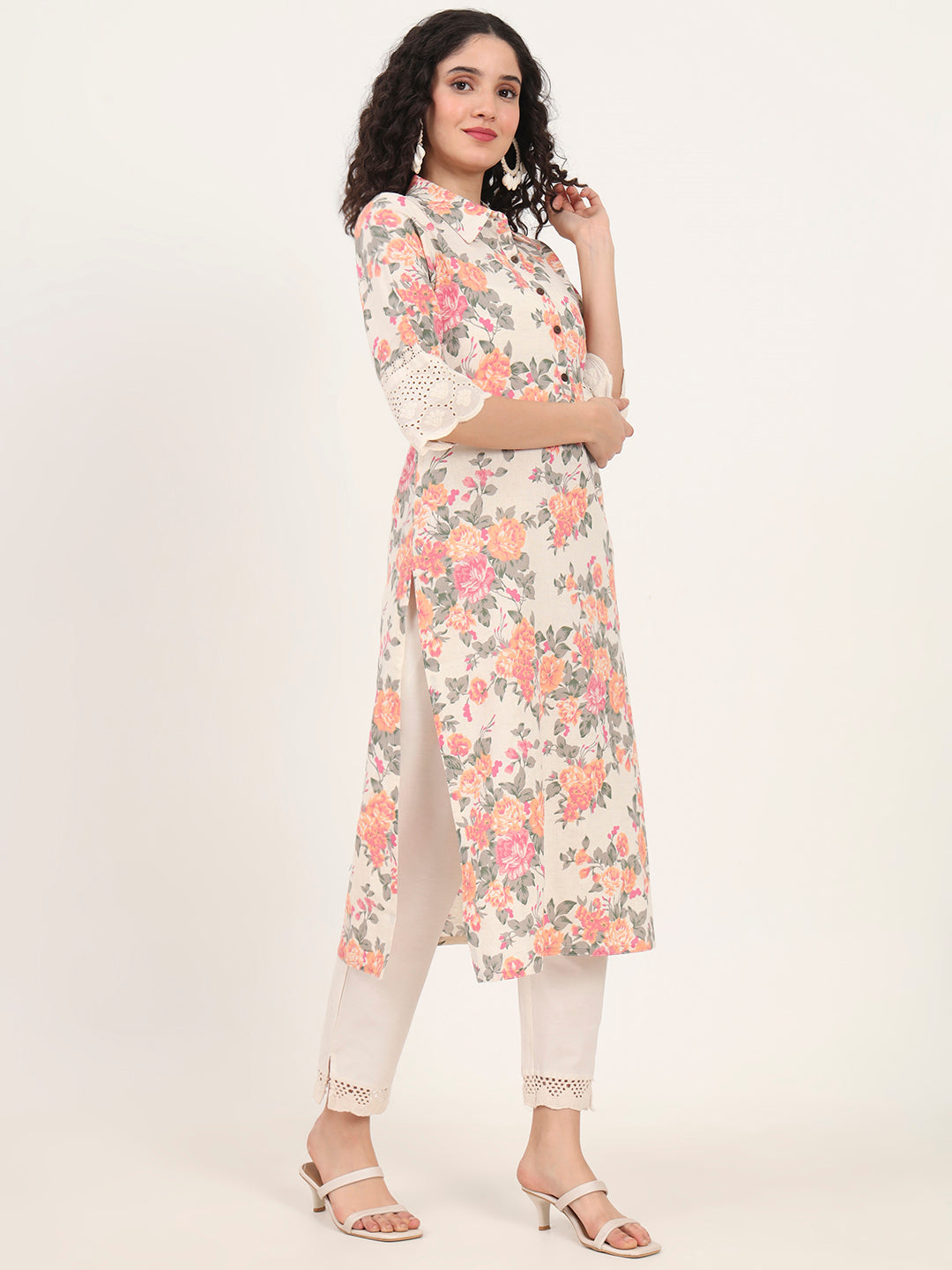 Pink Floral Printed Cotton Kurta