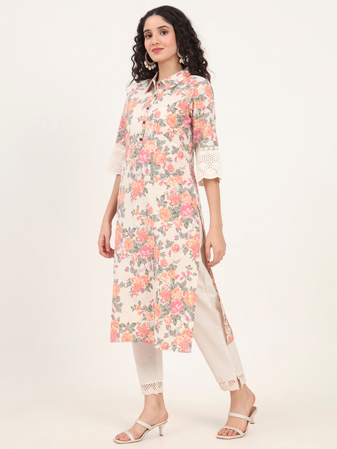 Pink Floral Printed Cotton Kurta