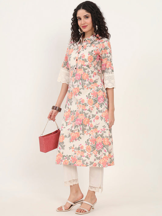 Pink Floral Printed Cotton Kurta