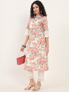 Pink Floral Printed Cotton Kurta