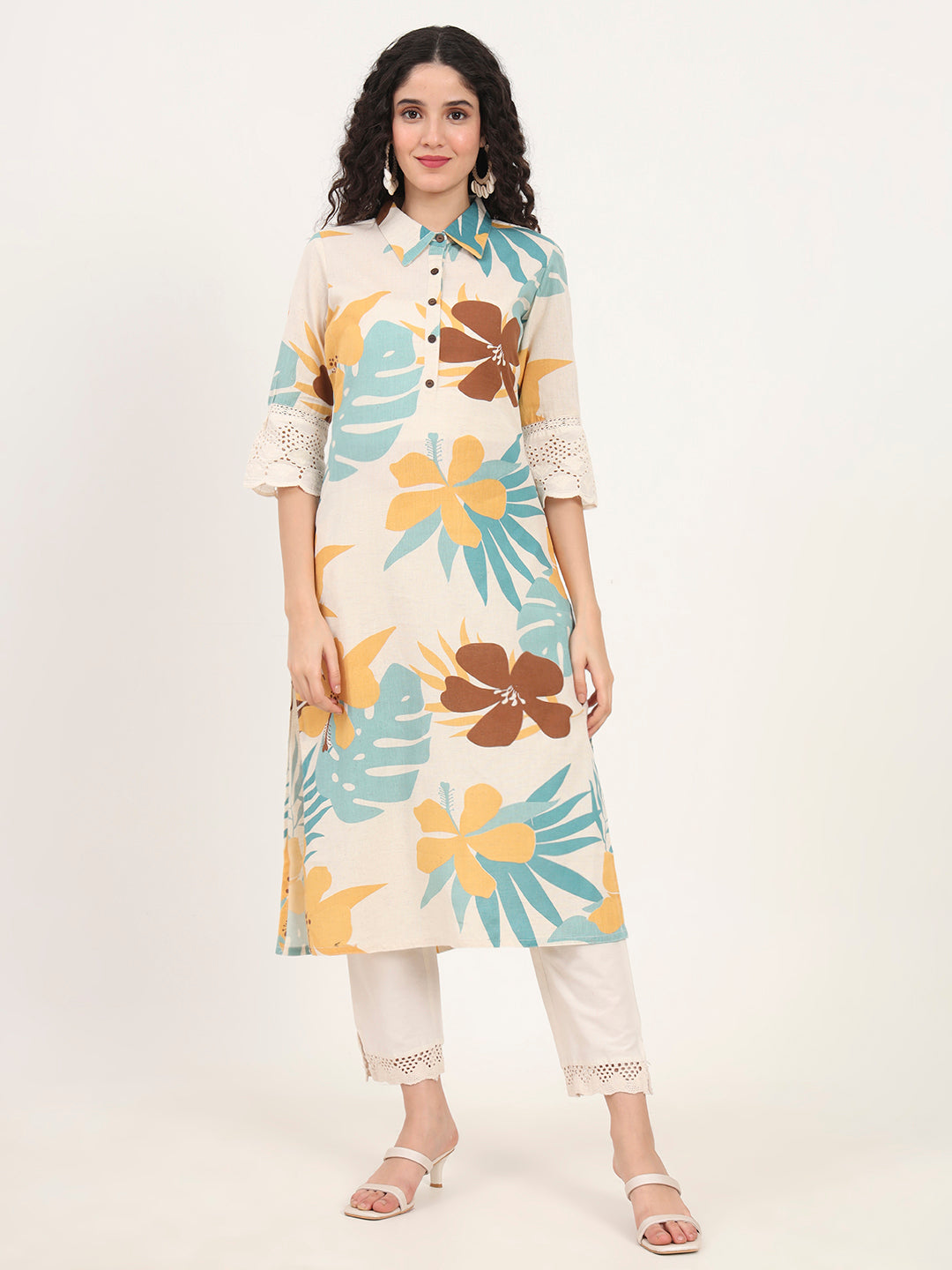 Teal Floral Printed Cotton Kurta