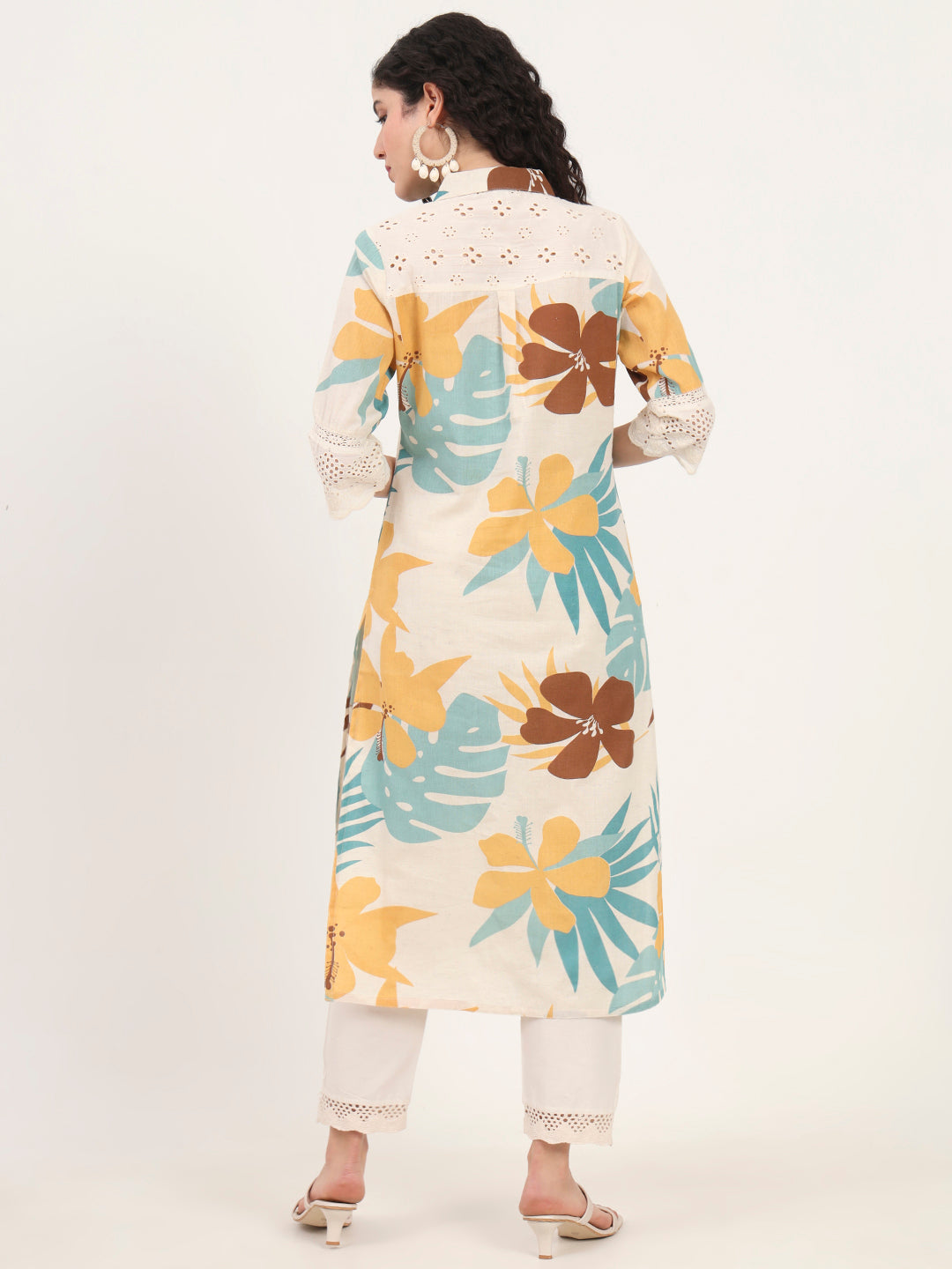 Teal Floral Printed Cotton Kurta
