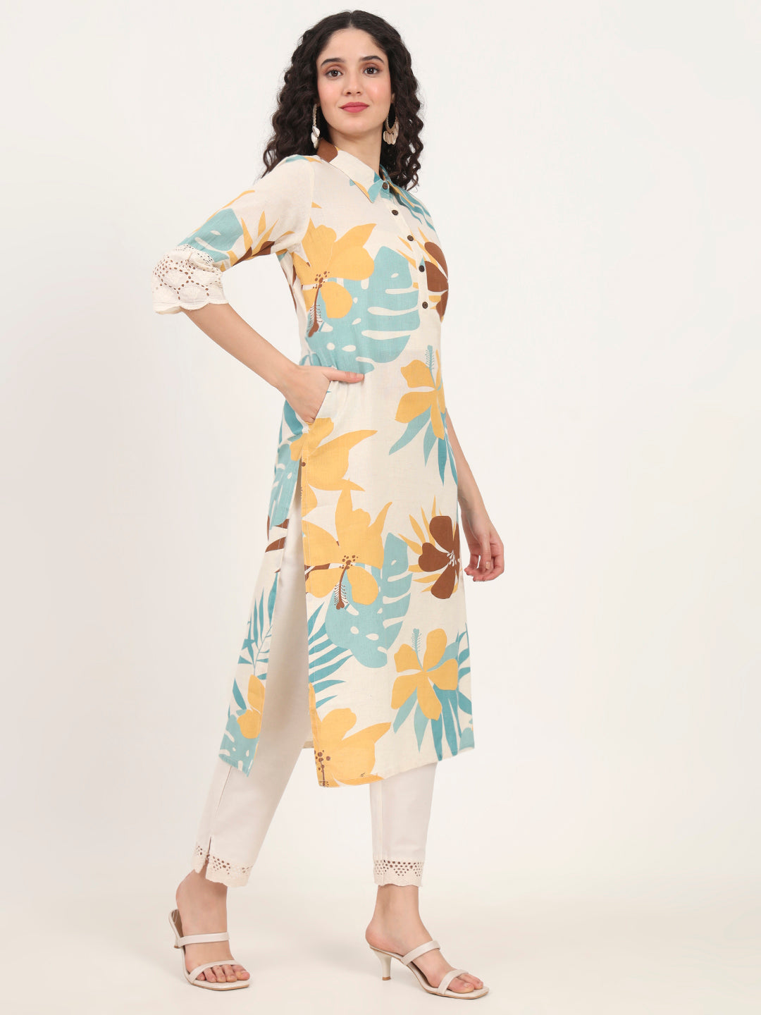Teal Floral Printed Cotton Kurta