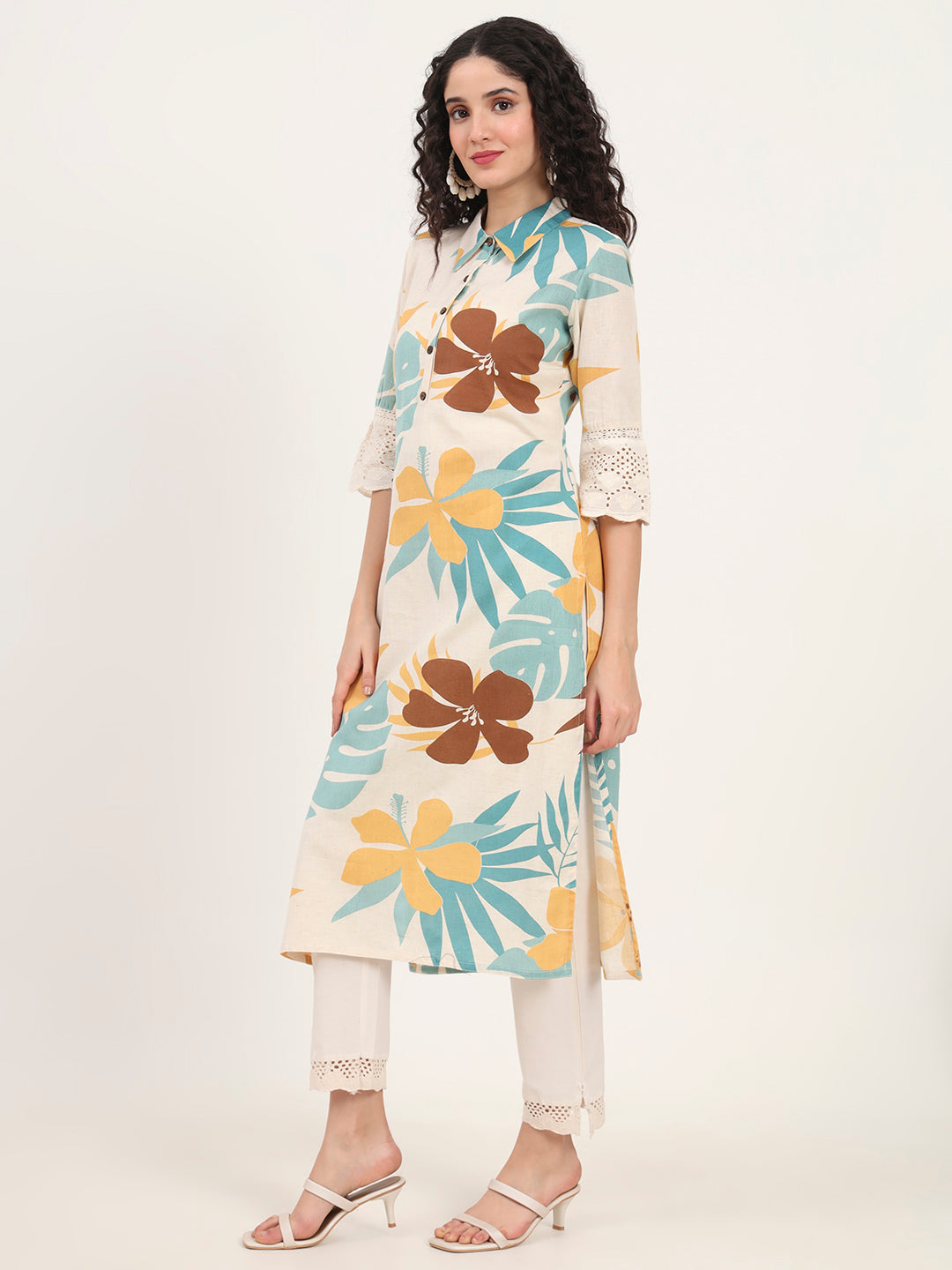 Teal Floral Printed Cotton Kurta