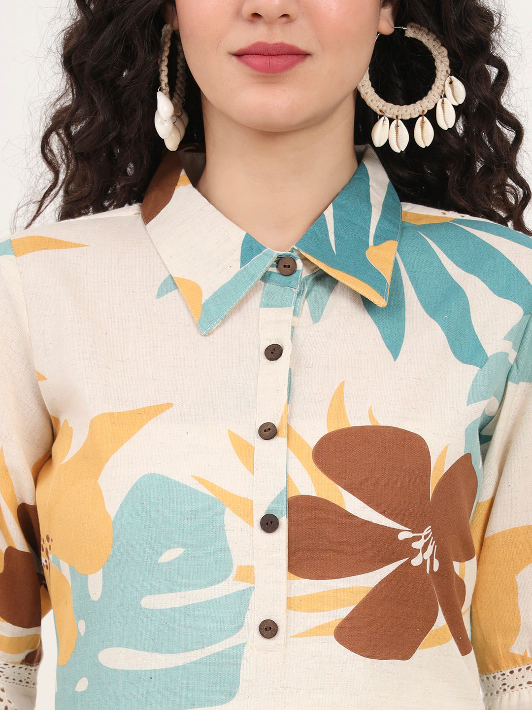 Teal Floral Printed Cotton Kurta