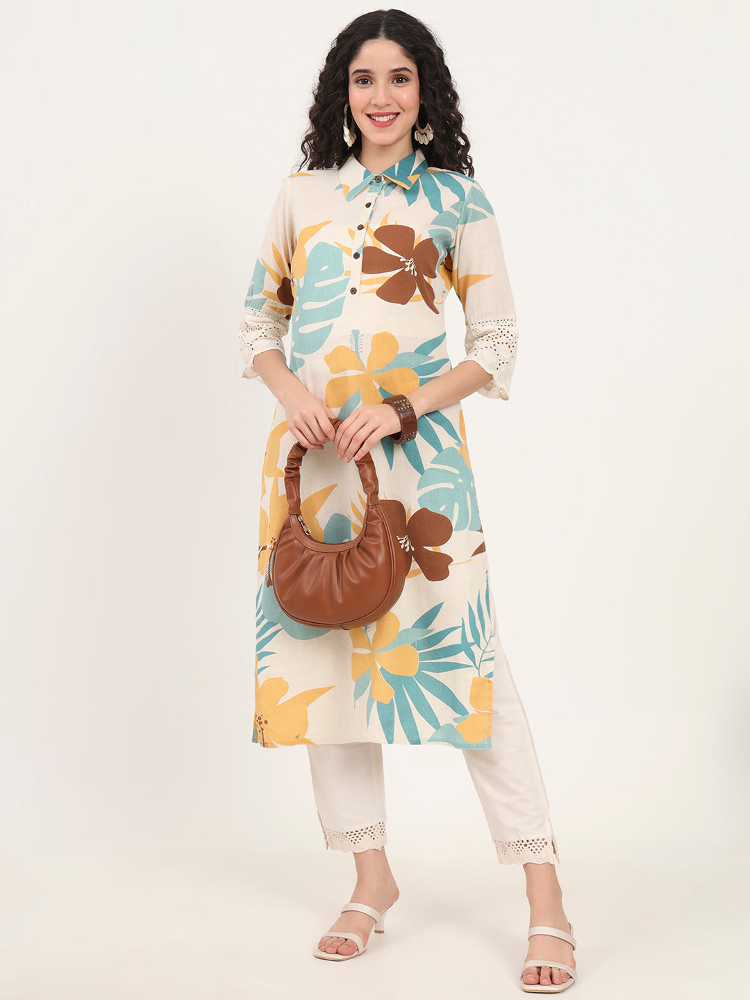 Teal Floral Printed Cotton Kurta