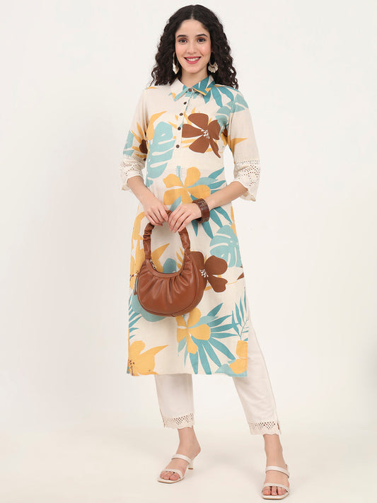 Teal Floral Printed Cotton Kurta