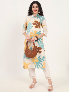 Teal Floral Printed Cotton Kurta