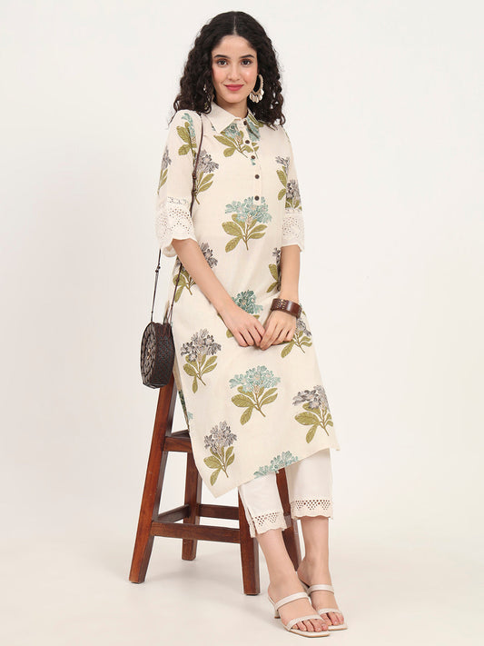 Green Floral Printed Cotton Kurta