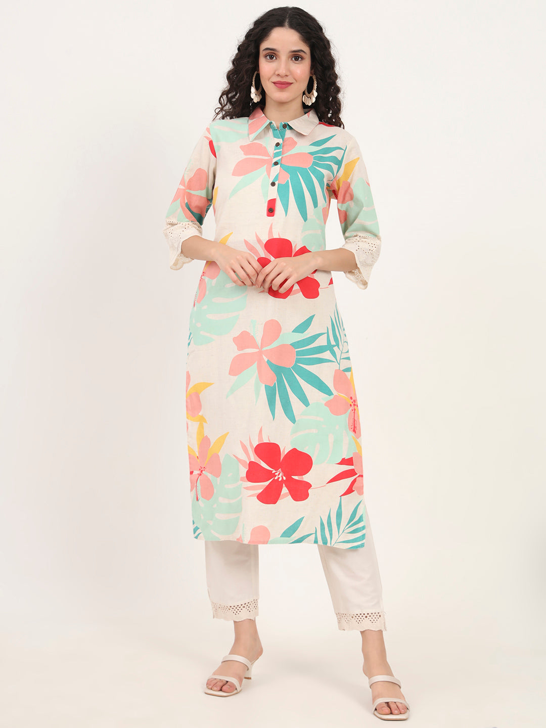 Turquoise Blue Floral Printed Cotton Kurta