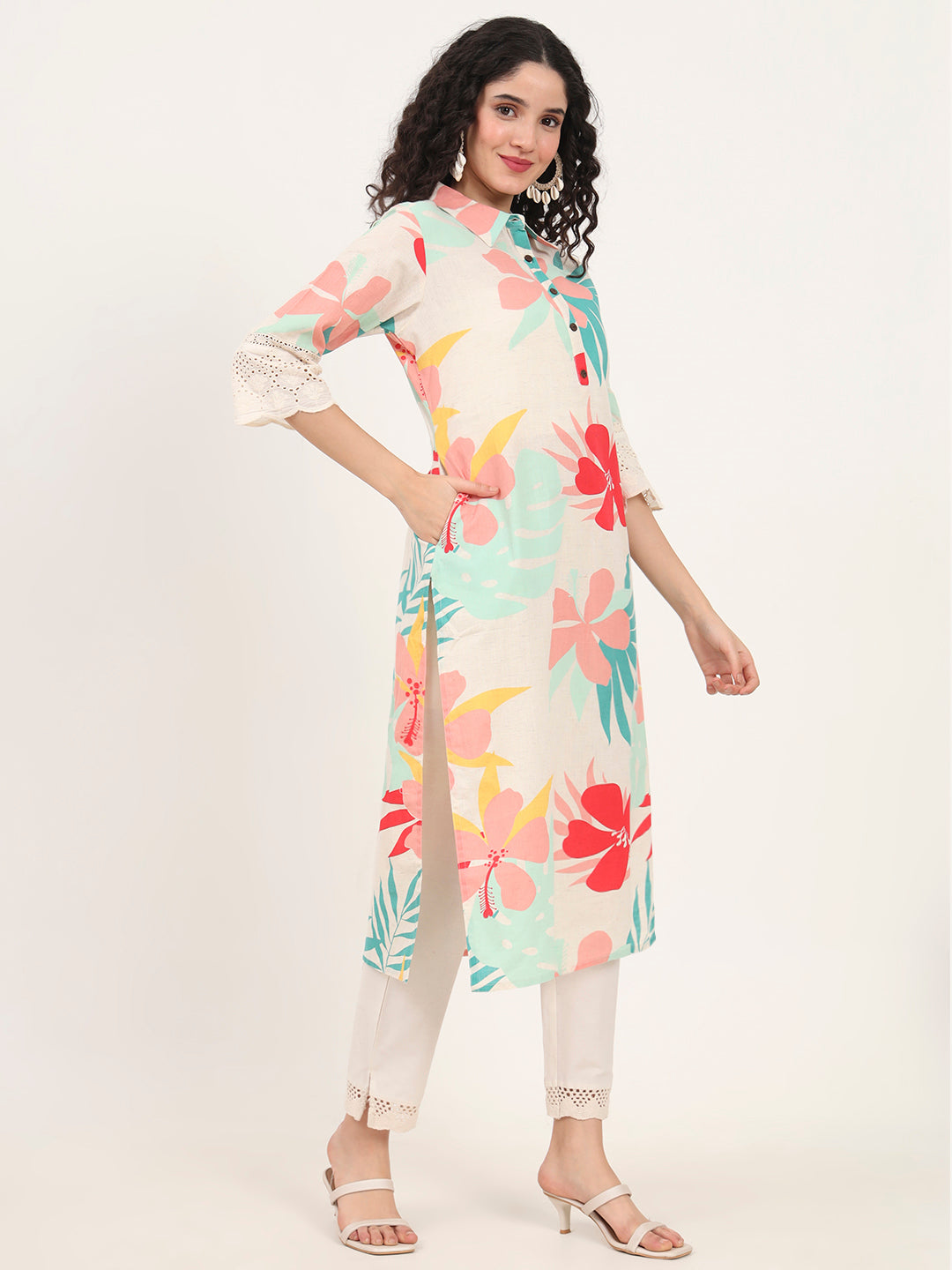 Turquoise Blue Floral Printed Cotton Kurta