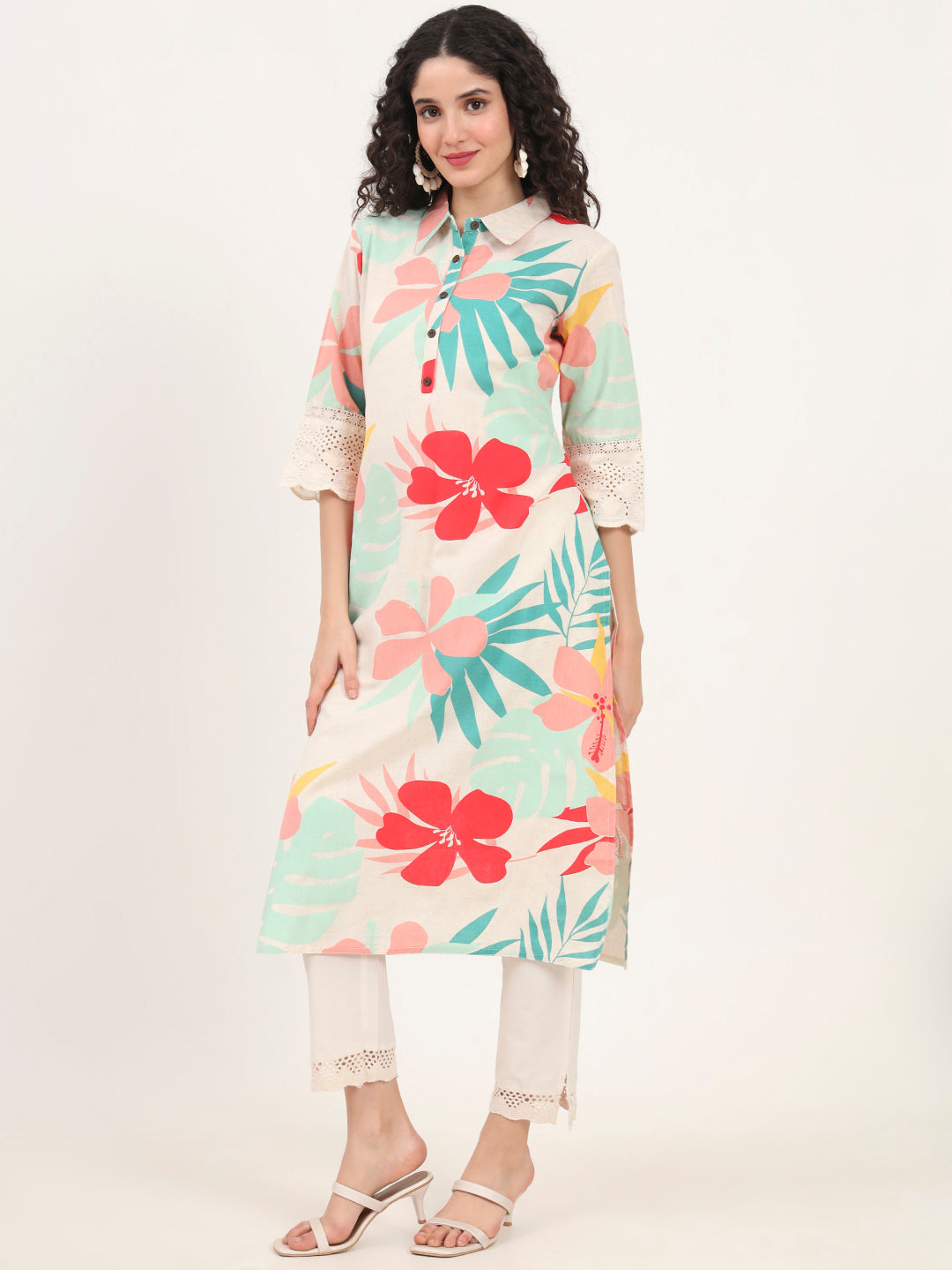 Turquoise Blue Floral Printed Cotton Kurta