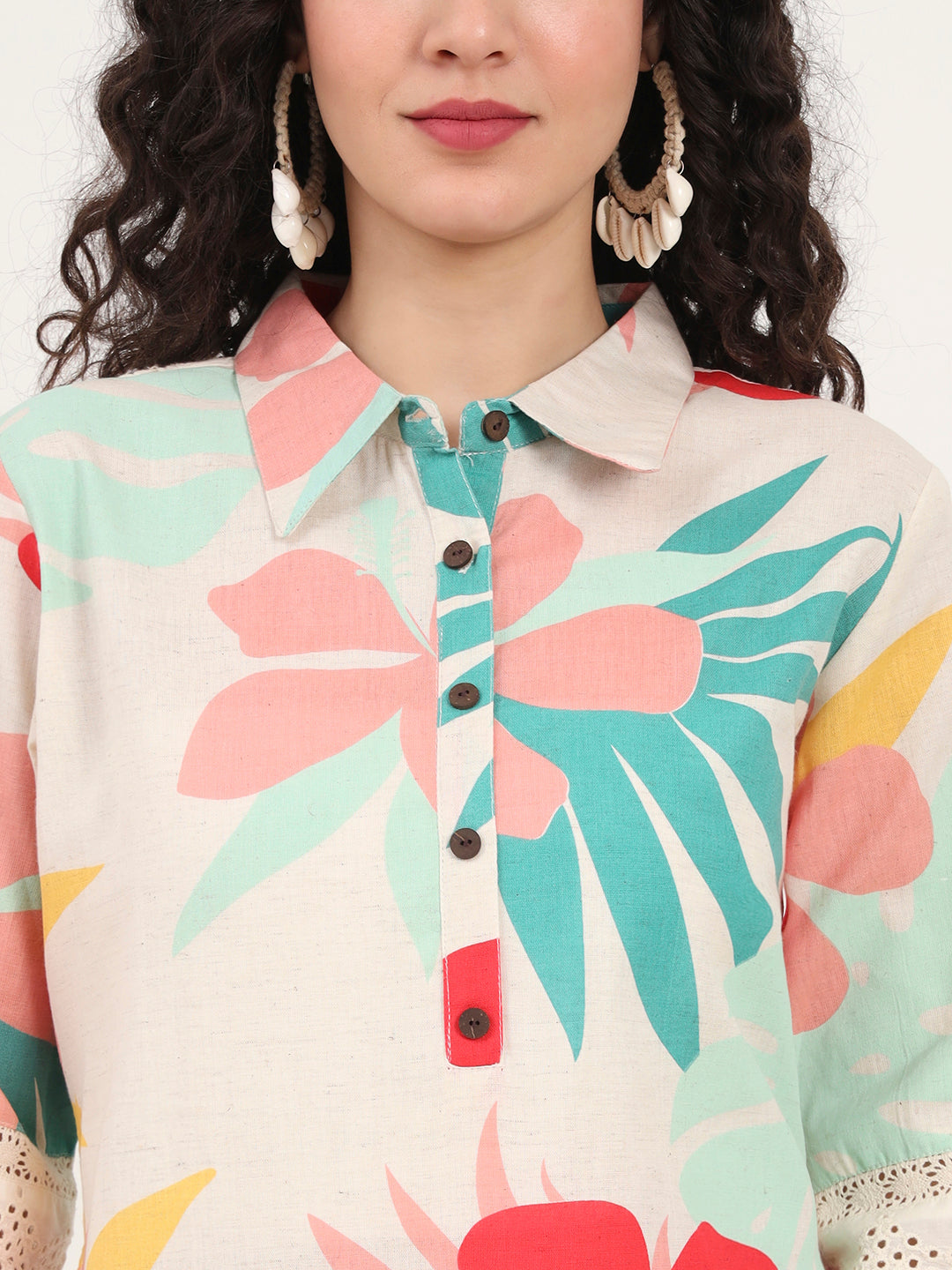 Turquoise Blue Floral Printed Cotton Kurta