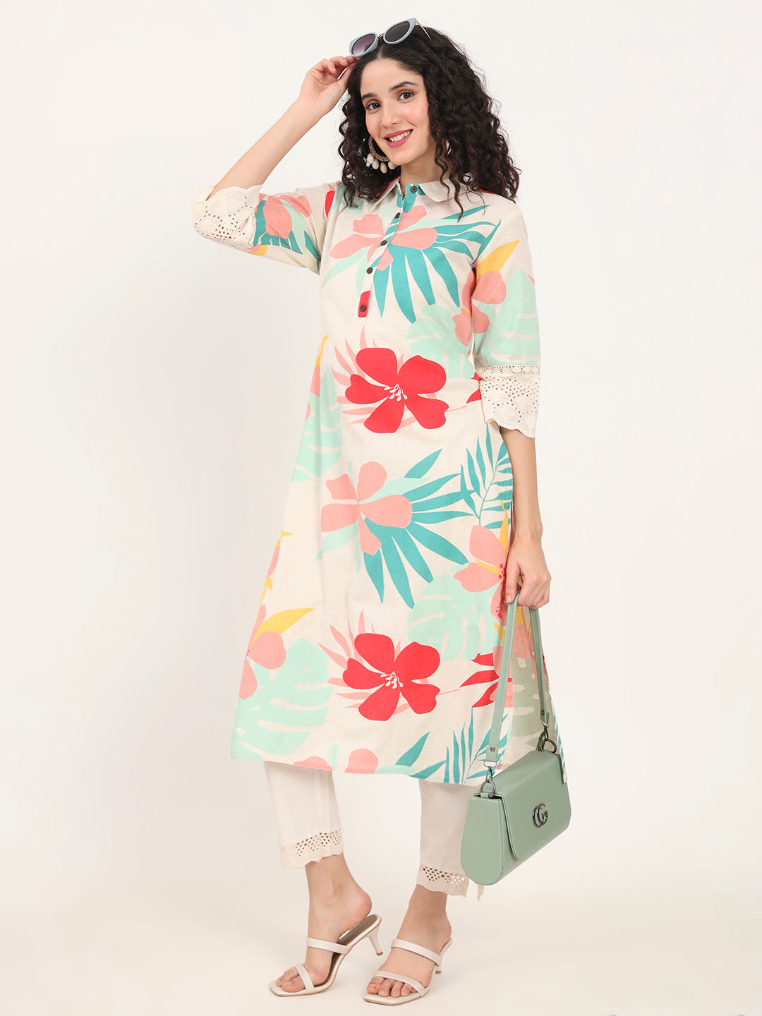 Turquoise Blue Floral Printed Cotton Kurta