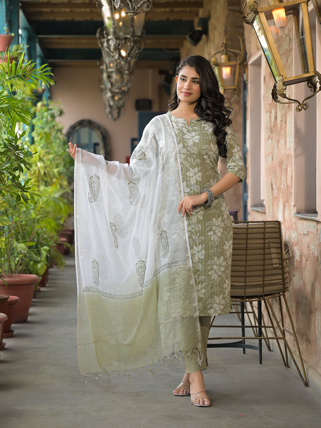 Olive Green Cotton Kurta Pant with Dupatta
