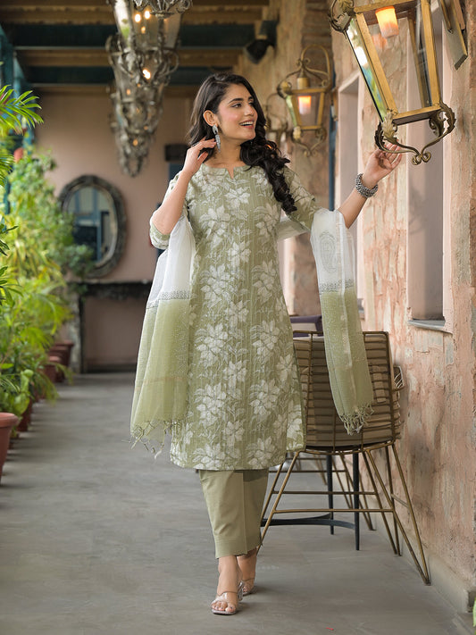 Olive Green Cotton Kurta Pant with Dupatta