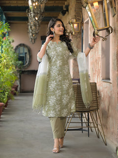 Olive Green Cotton Kurta Pant with Dupatta