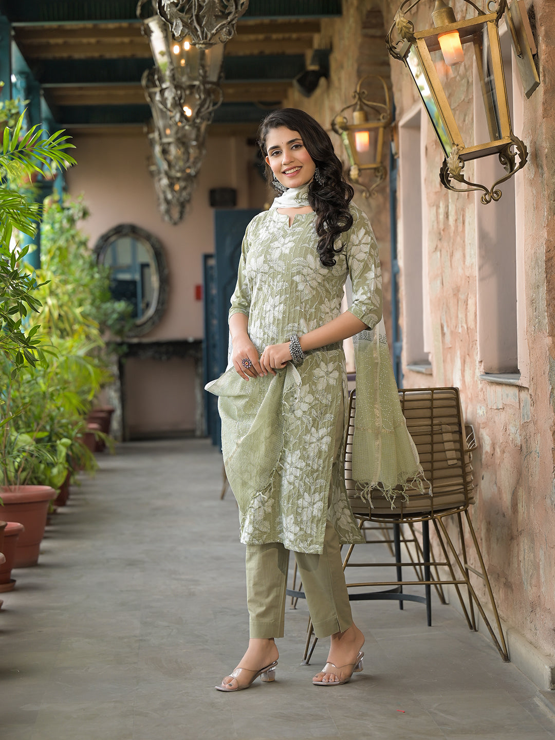 Olive Green Cotton Kurta Pant with Dupatta