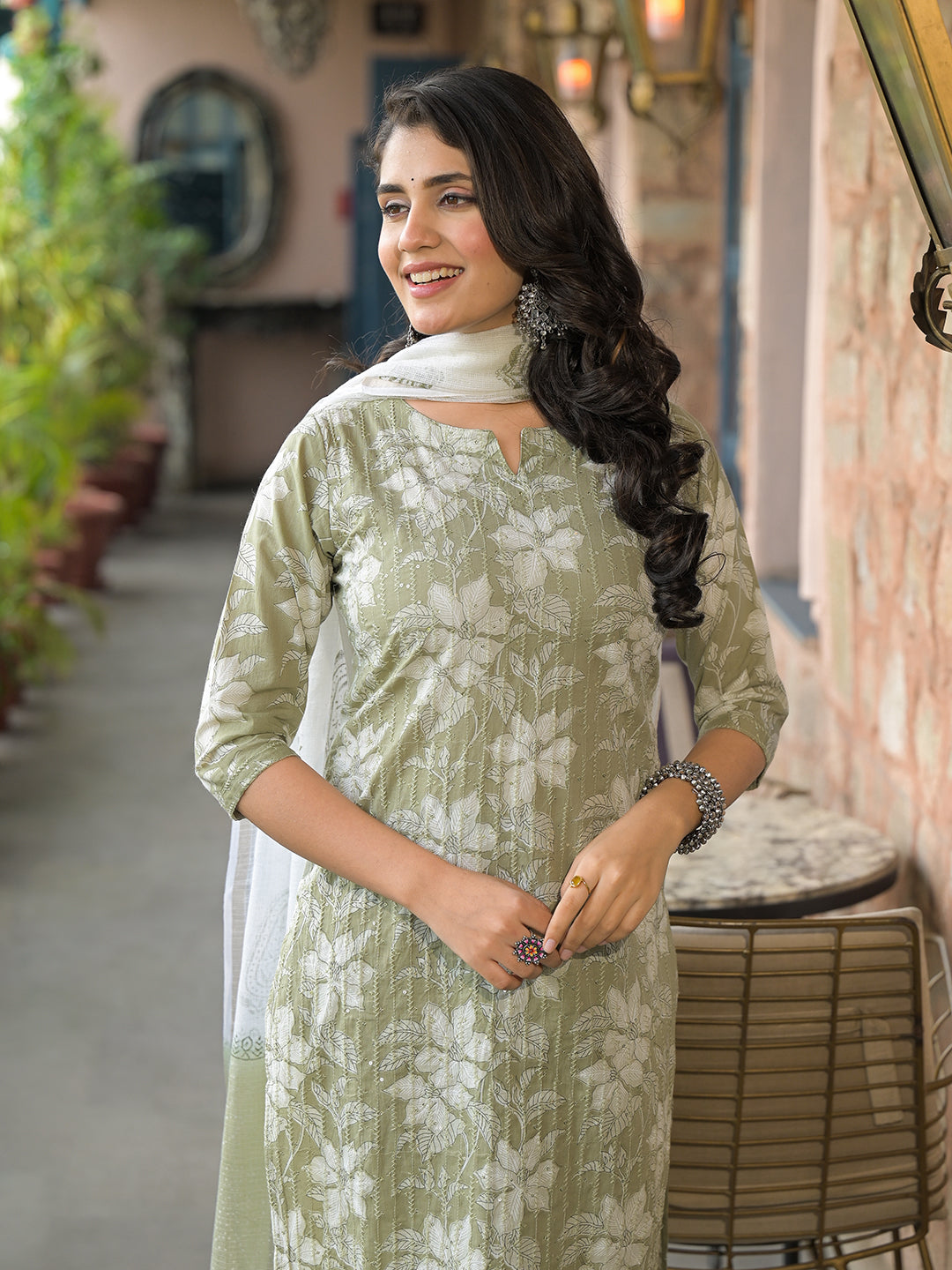 Olive Green Cotton Kurta Pant with Dupatta