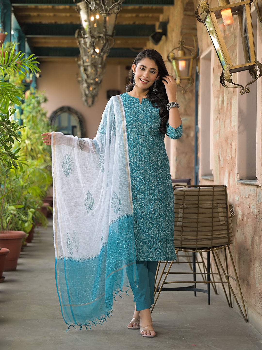 Teal Blue Cotton Kurta Pant with Dupatta