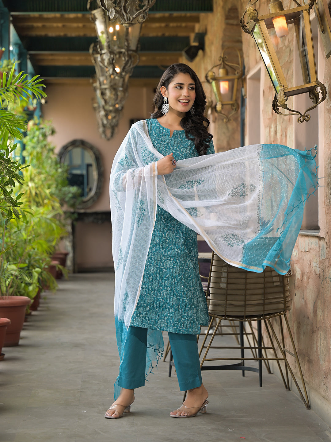 Teal Blue Cotton Kurta Pant with Dupatta