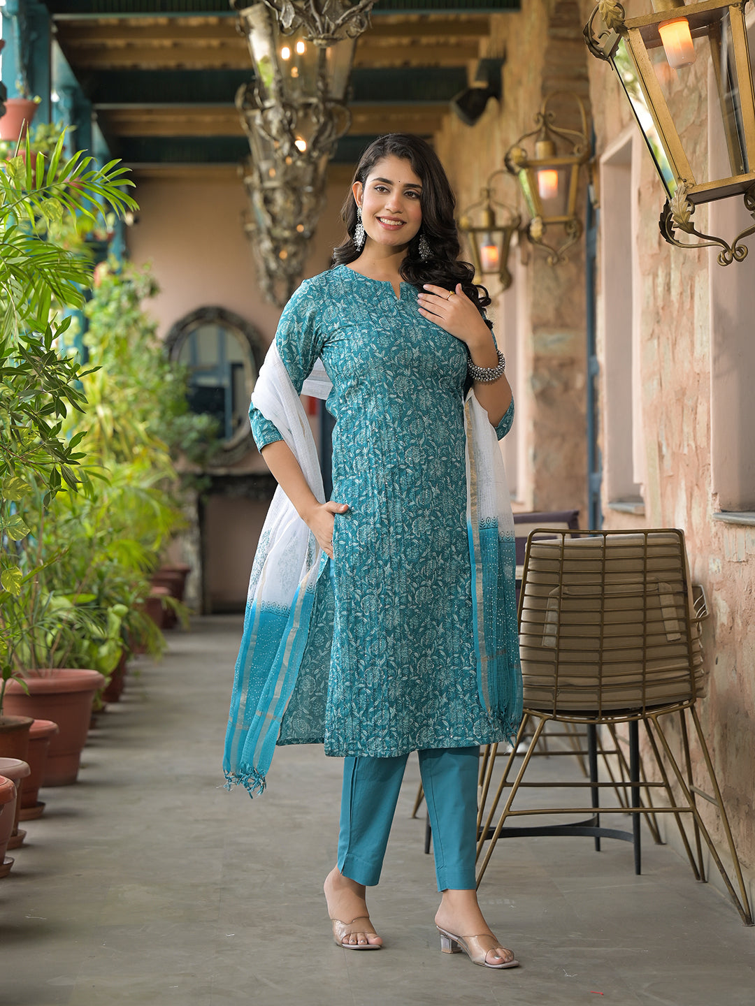 Teal Blue Cotton Kurta Pant with Dupatta