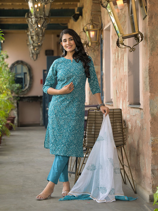 Teal Blue Cotton Kurta Pant with Dupatta