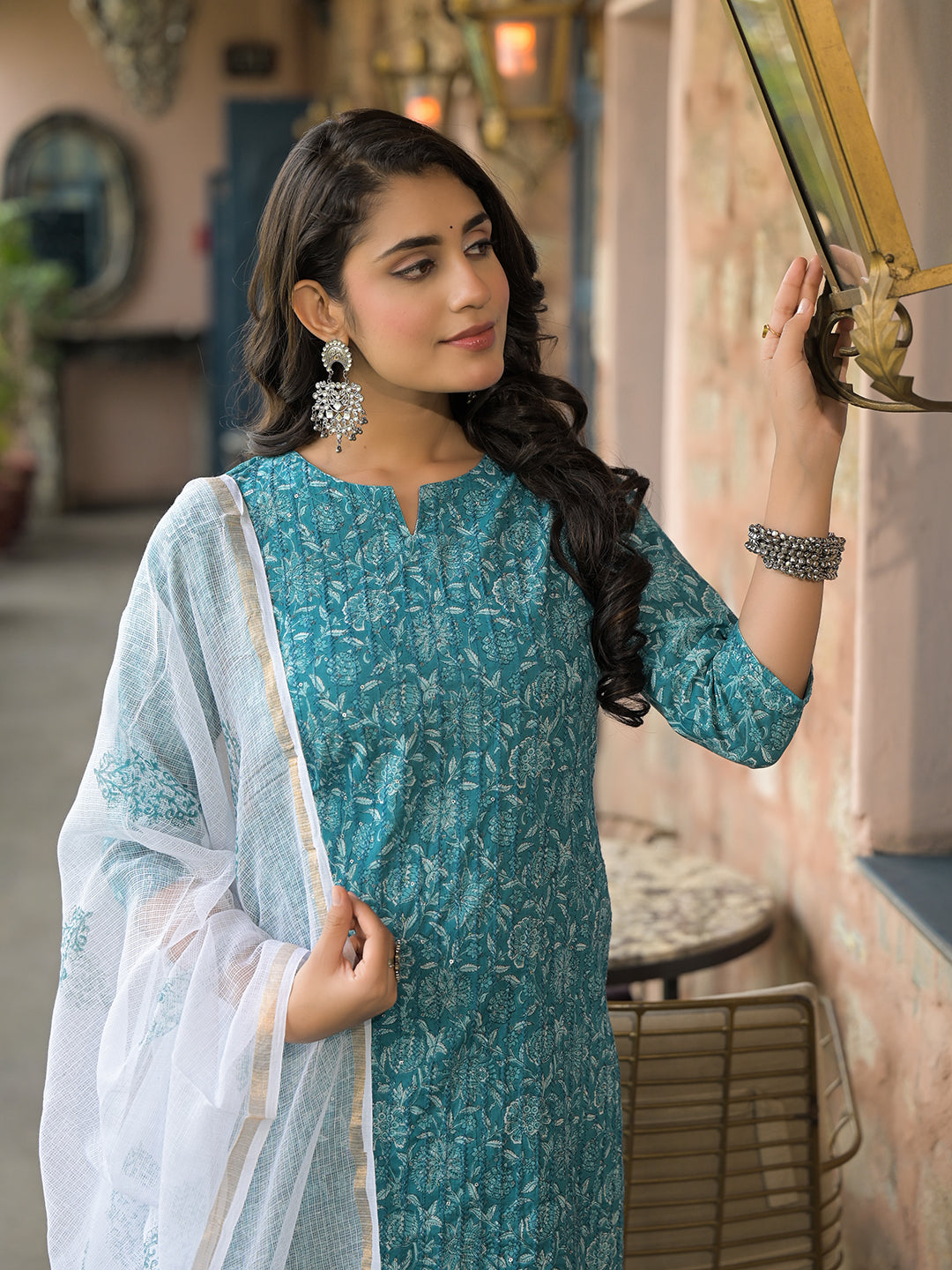 Teal Blue Cotton Kurta Pant with Dupatta