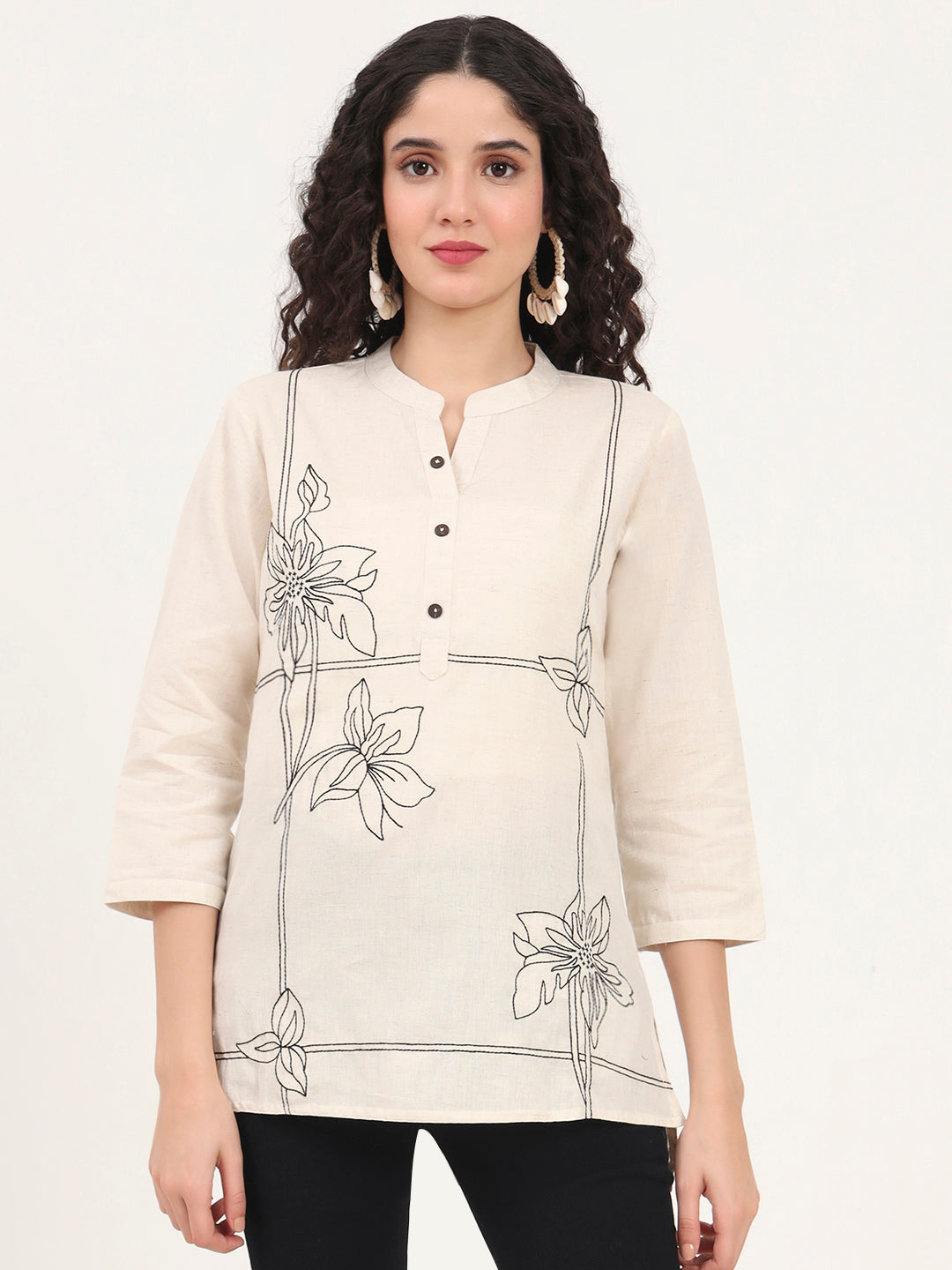 Offwhite Embroidery Cotton Fabric Straight Top