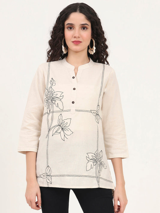 Offwhite Embroidery Cotton Fabric Straight Top