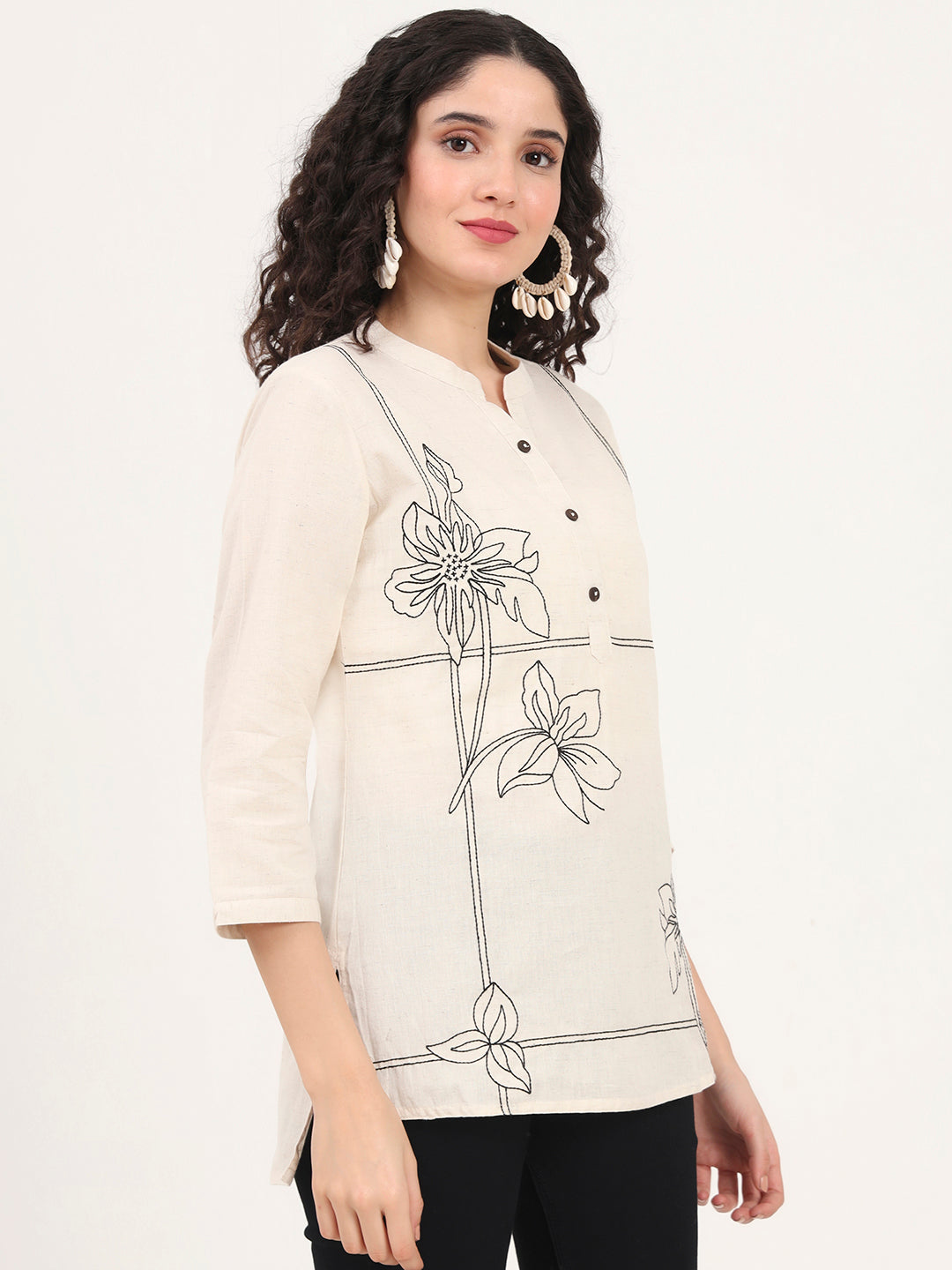 Offwhite Embroidery Cotton Fabric Straight Top