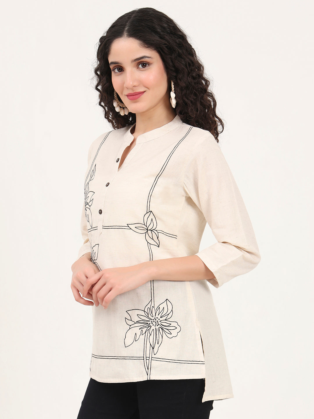 Offwhite Embroidery Cotton Fabric Straight Top