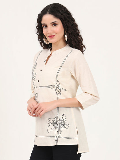 Offwhite Embroidery Cotton Fabric Straight Top
