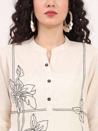 Offwhite Embroidery Cotton Fabric Straight Top
