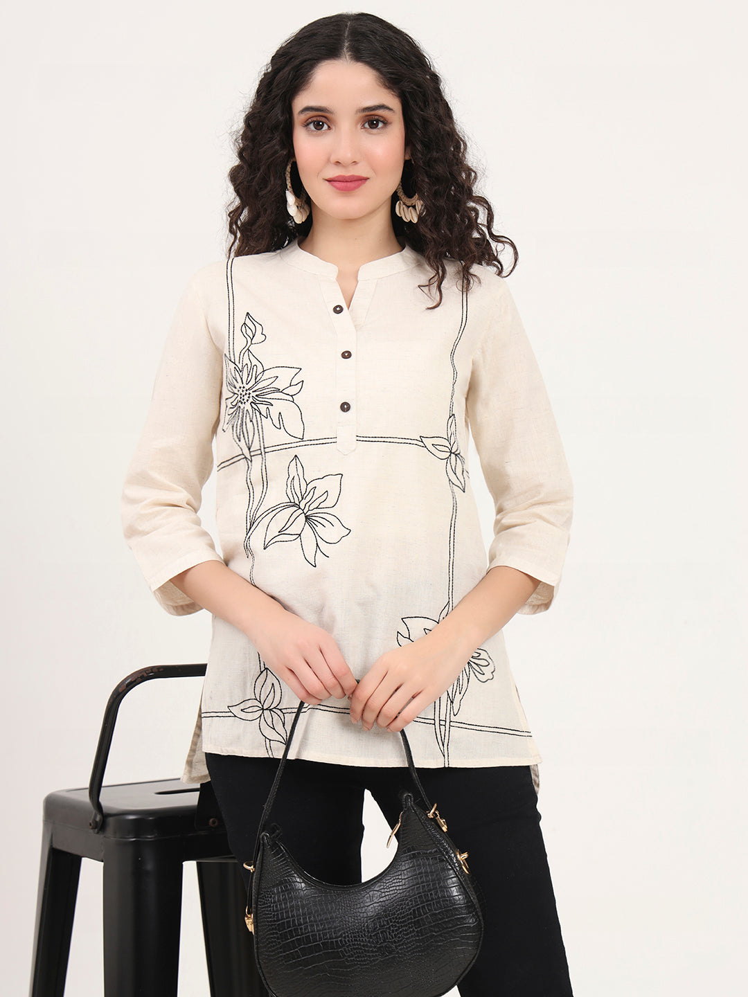 Offwhite Embroidery Cotton Fabric Straight Top