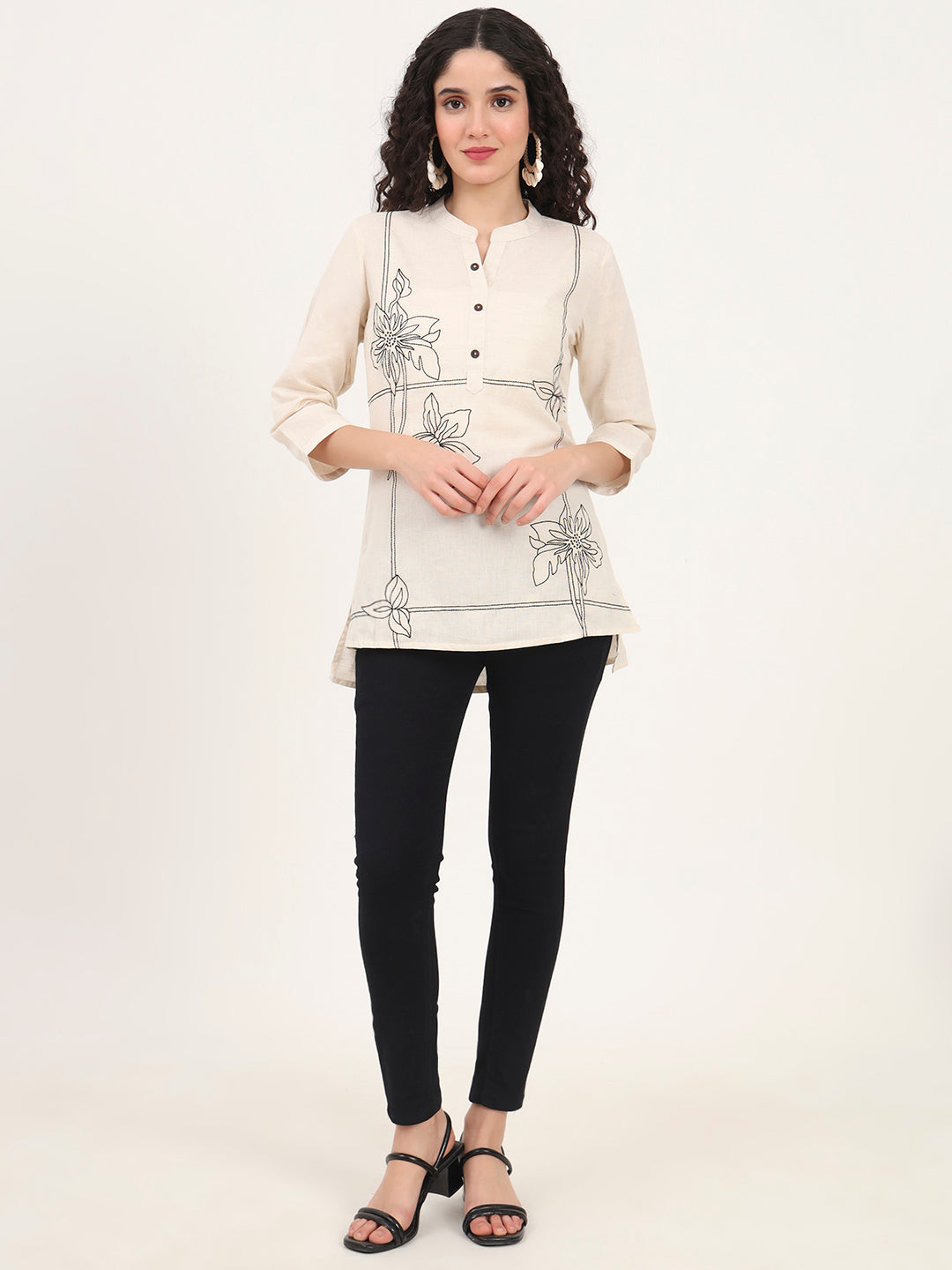 Offwhite Embroidery Cotton Fabric Straight Top
