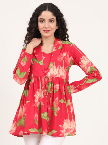 Green Floral Printed Cotton Lepal Neck Peplum Top