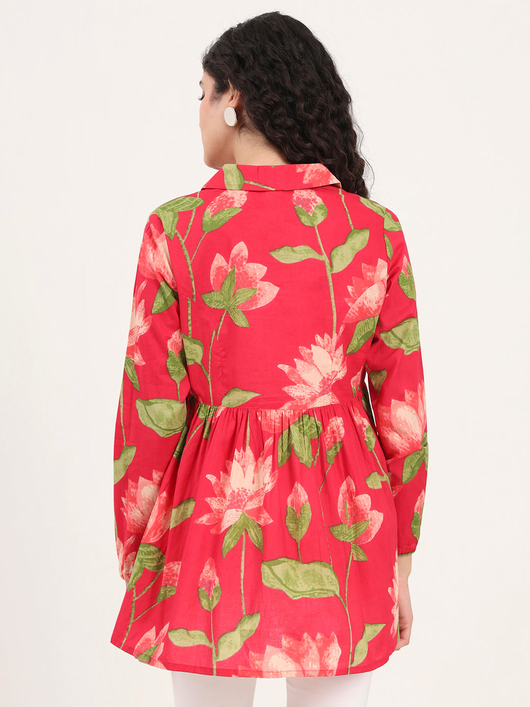 Green Floral Printed Cotton Lepal Neck Peplum Top