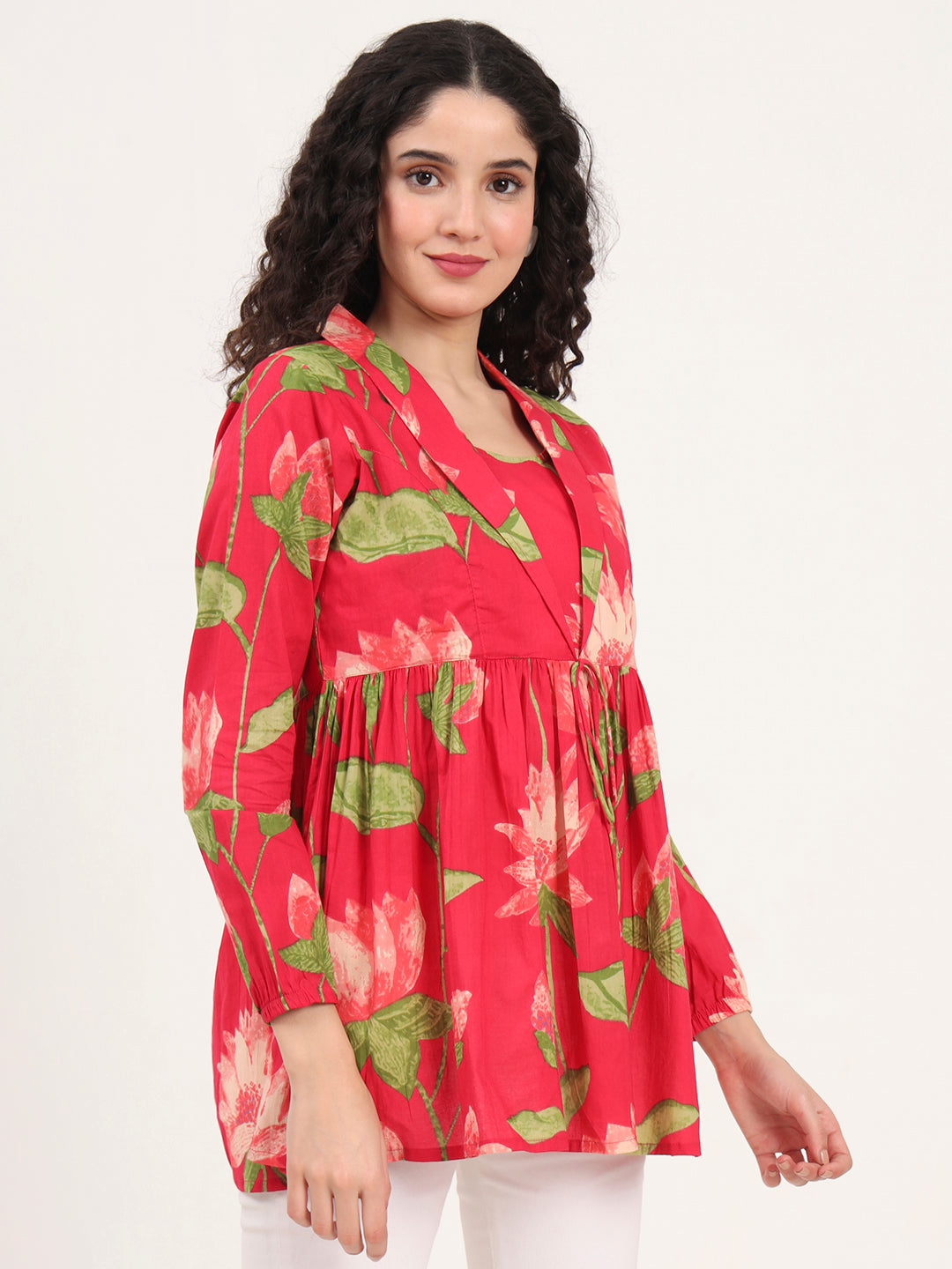 Green Floral Printed Cotton Lepal Neck Peplum Top