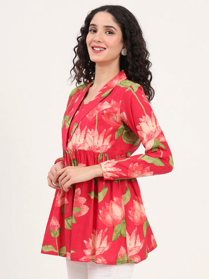 Green Floral Printed Cotton Lepal Neck Peplum Top