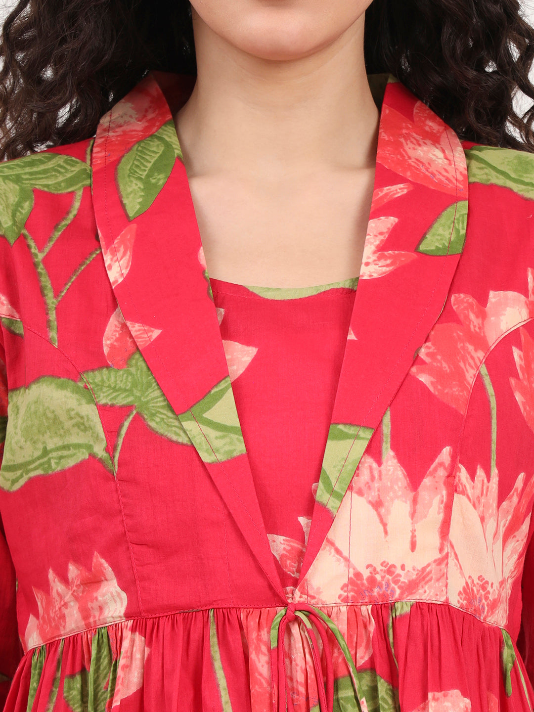 Green Floral Printed Cotton Lepal Neck Peplum Top