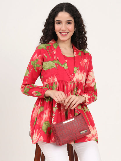 Green Floral Printed Cotton Lepal Neck Peplum Top