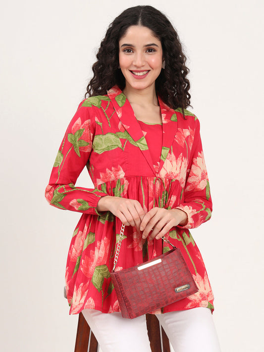 Green Floral Printed Cotton Lepal Neck Peplum Top