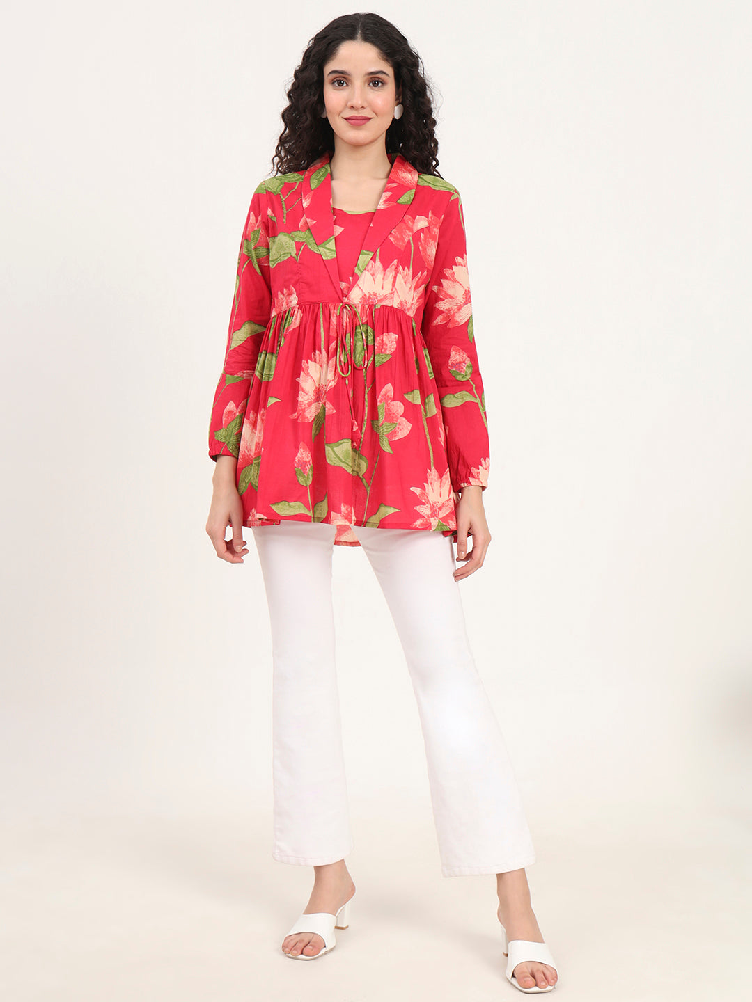 Green Floral Printed Cotton Lepal Neck Peplum Top