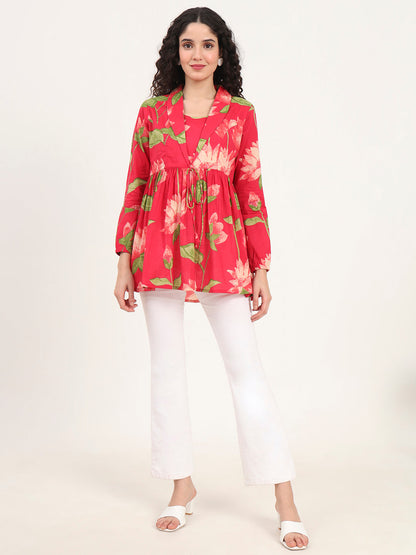 Green Floral Printed Cotton Lepal Neck Peplum Top