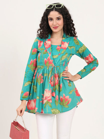 Red Floral Printed Cotton Lepal Neck Peplum Top