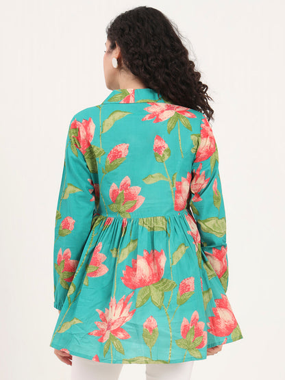 Red Floral Printed Cotton Lepal Neck Peplum Top