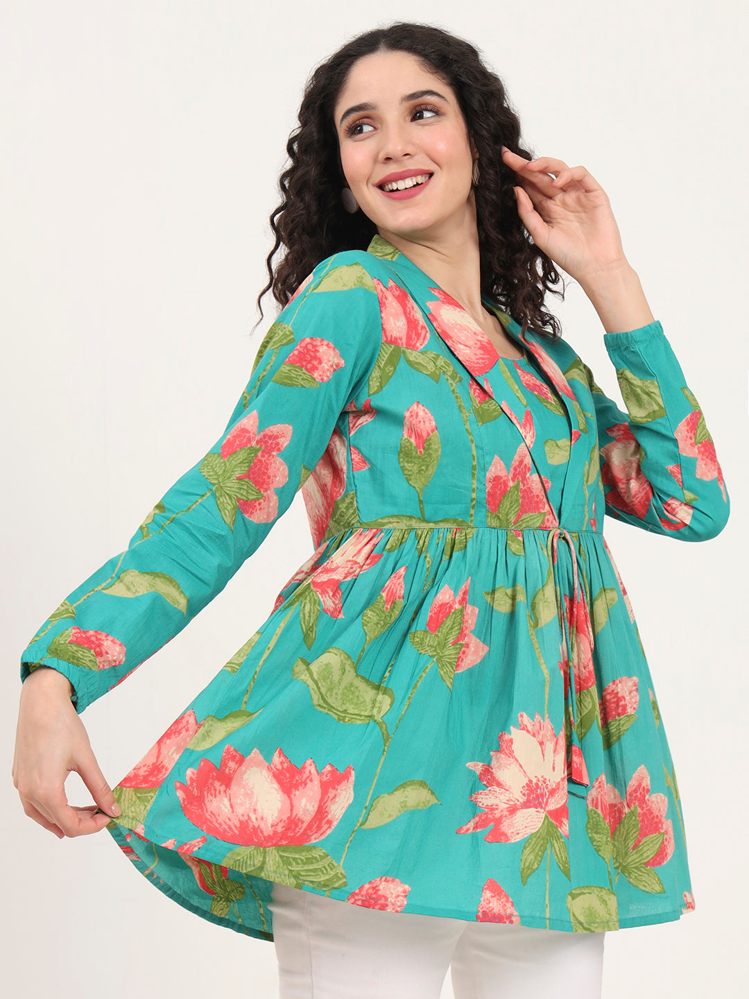 Red Floral Printed Cotton Lepal Neck Peplum Top